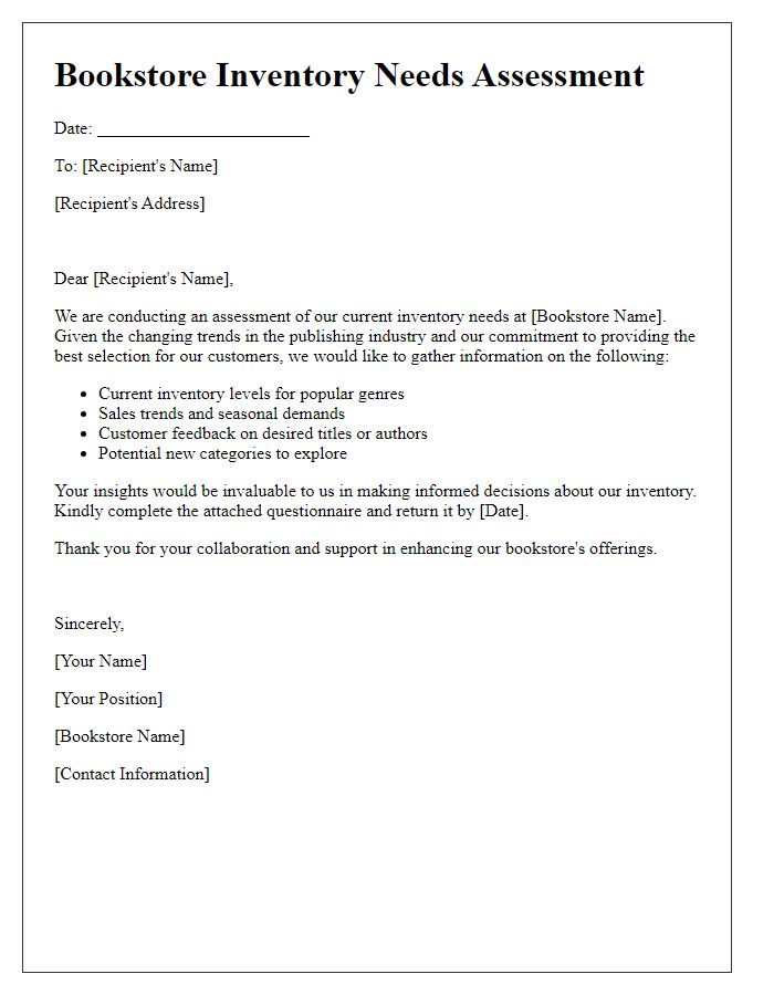 Letter template of bookstore inventory needs assessment