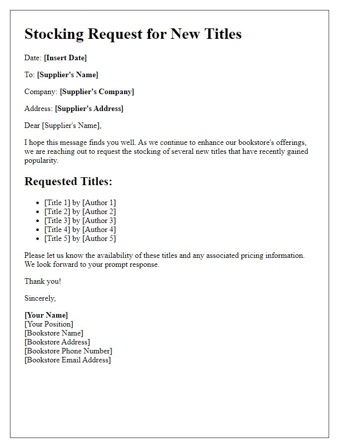 Letter template of bookstore new titles stocking request