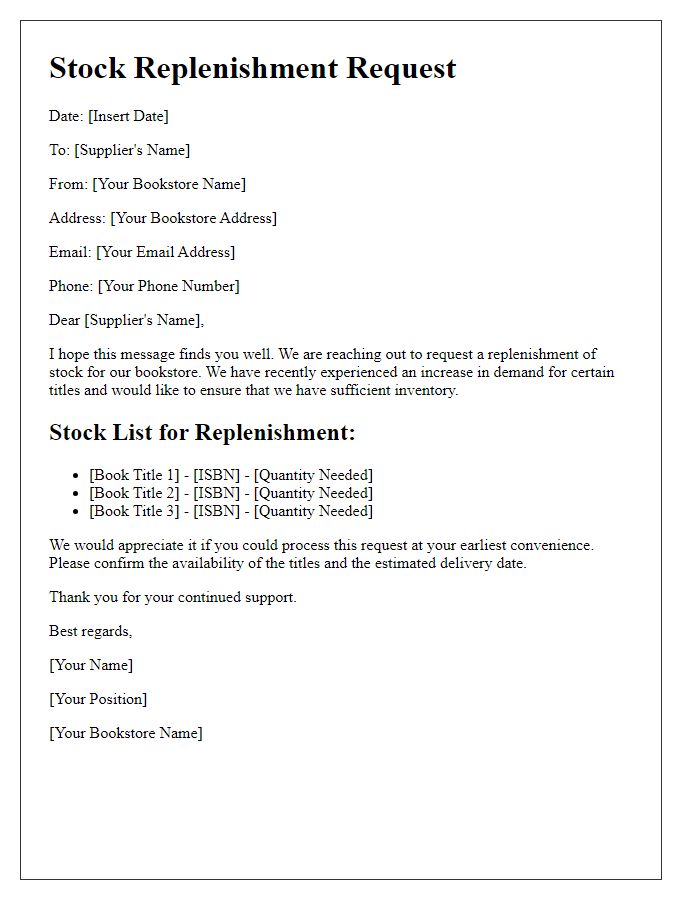 Letter template of bookstore stock replenishment request