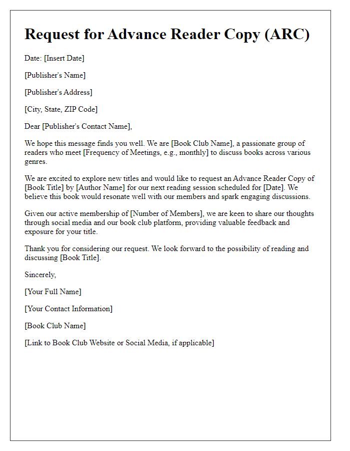 Letter template of ARC request for book clubs