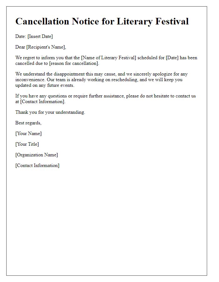 Letter template of cancellation notice for literary festival