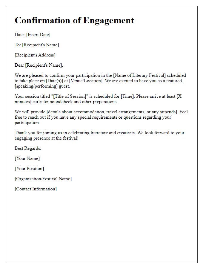 Letter template of confirmation for literary festival engagement