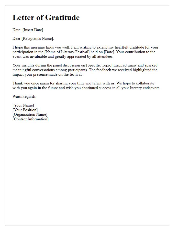 Letter template of gratitude for literary festival participation