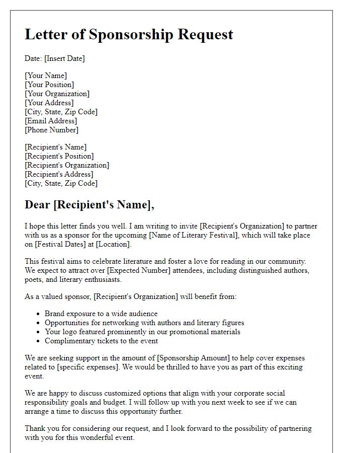 Letter template of sponsorship request for literary festival involvement