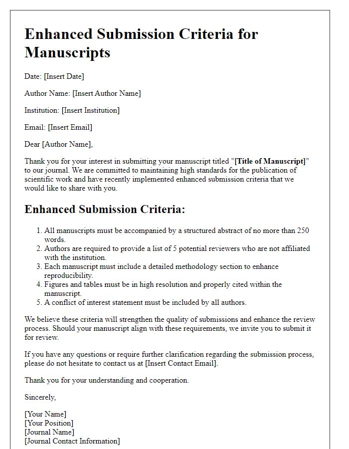 Letter template of enhanced submission criteria for manuscripts