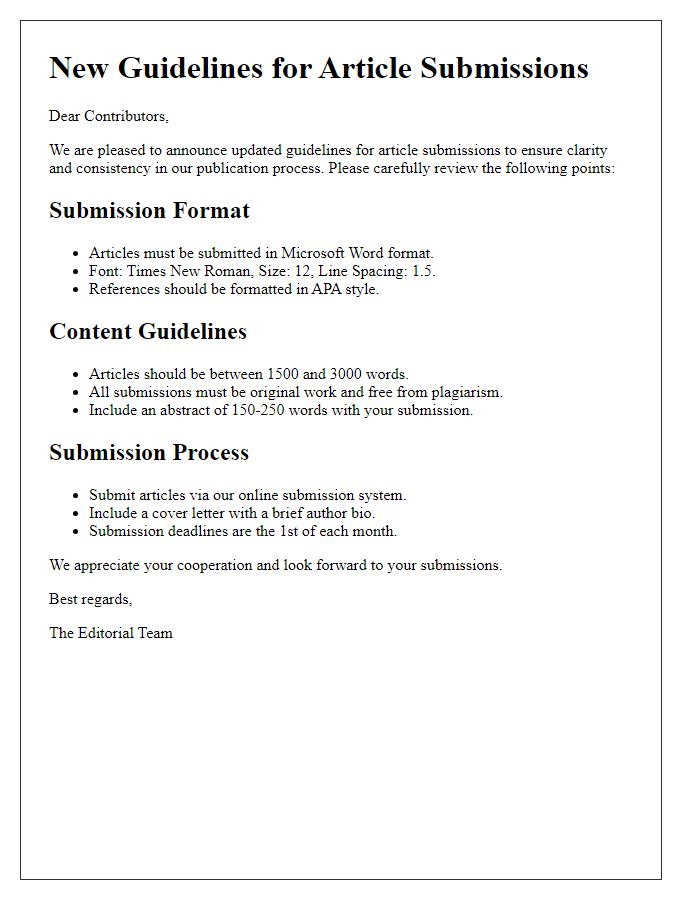 Letter template of new guidelines for article submissions