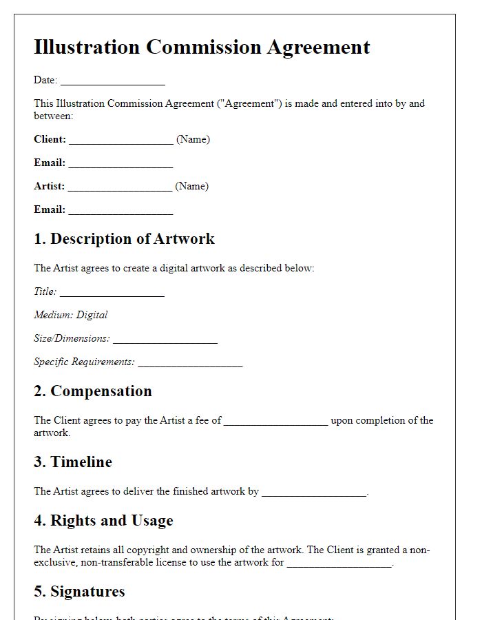 Letter template of illustration commission agreement for digital artwork.