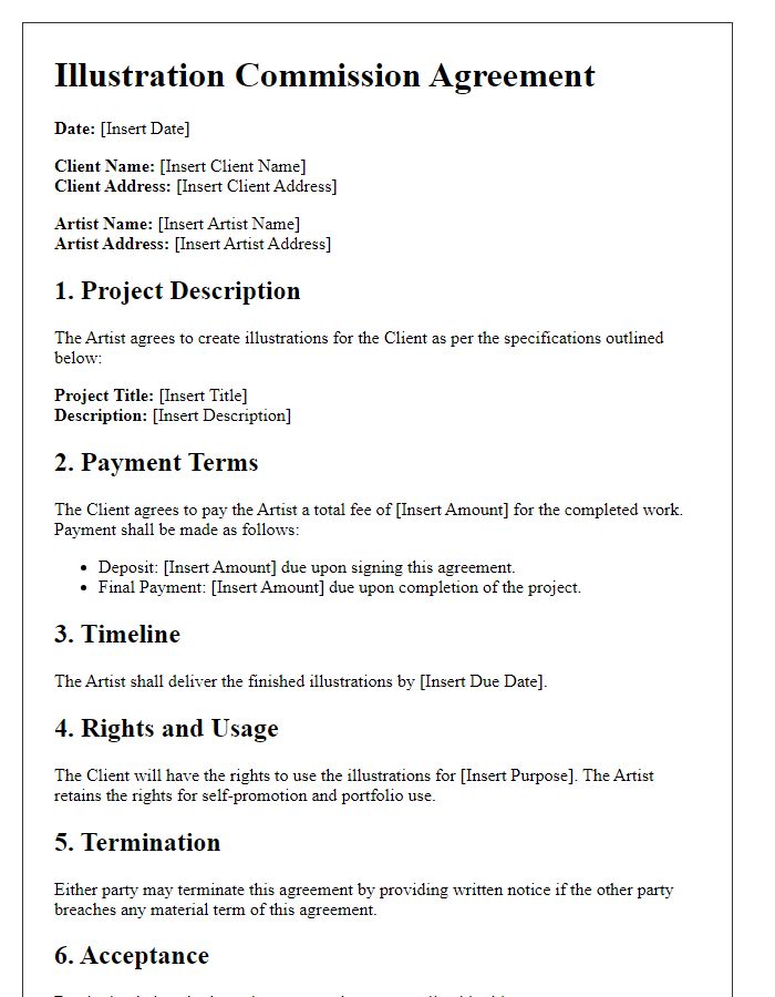 Letter template of illustration commission agreement for educational purposes.