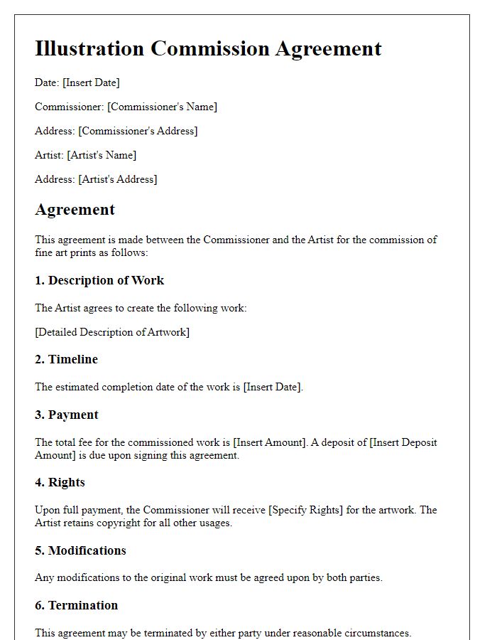 Letter template of illustration commission agreement for fine art prints.