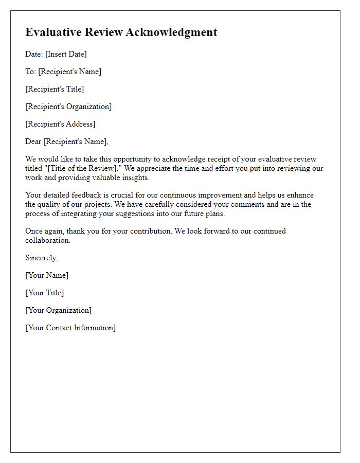 Letter template of evaluative review acknowledgment