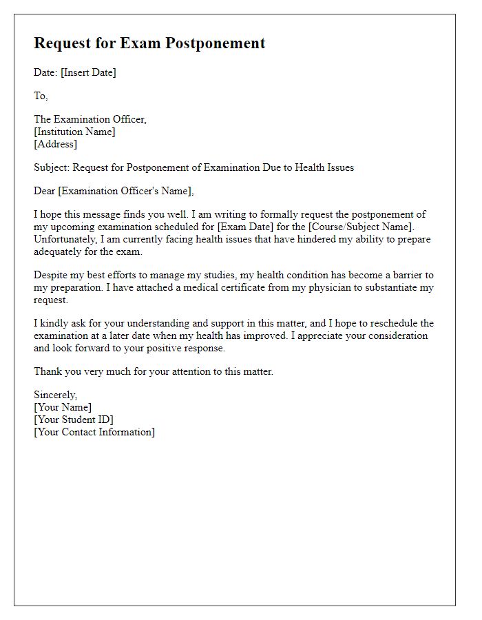 Letter template of exam postponement request due to health issues.