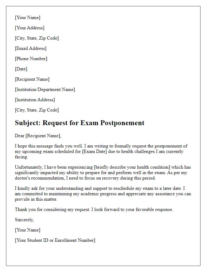 Letter template of request for exam postponement linked to health challenges.