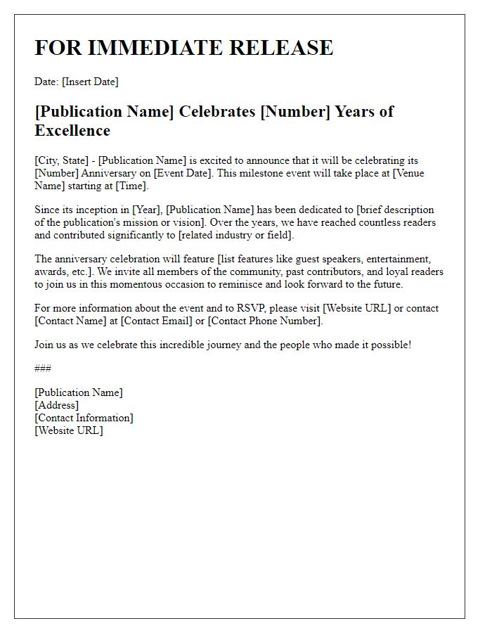 Letter template of Press Release for Publication Anniversary Event