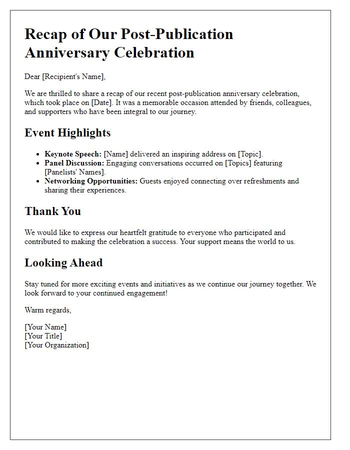 Letter template of Recap Letter Post-Publication Anniversary Celebration