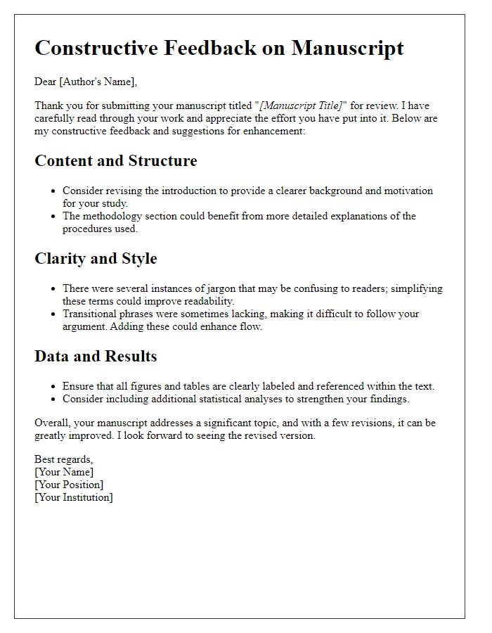 Letter template of constructive feedback for manuscript enhancement
