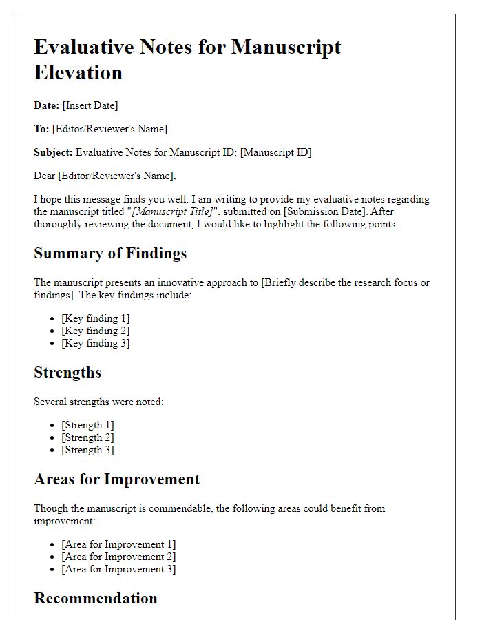 Letter template of evaluative notes for manuscript elevation