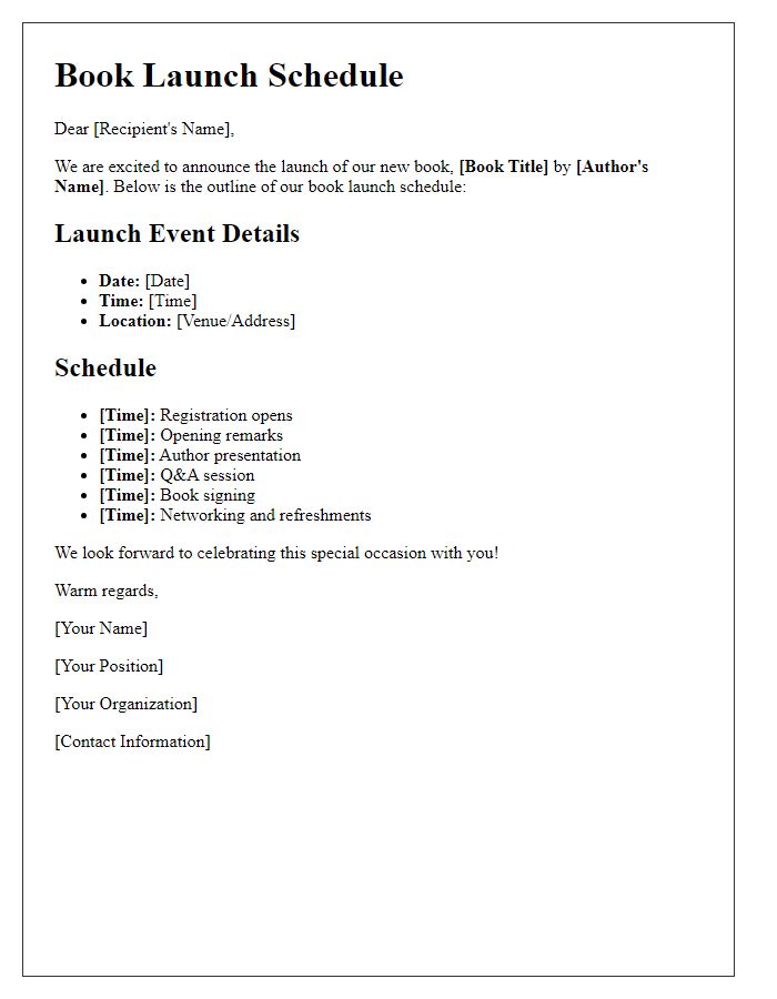 Letter template of book launch schedule outline.