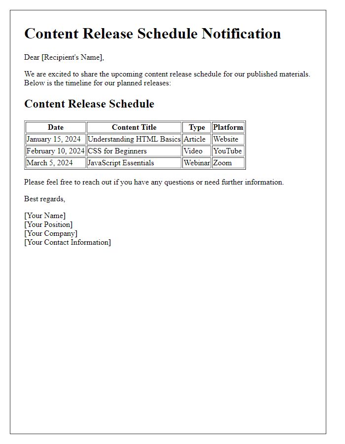 Letter template of content release schedule for publishing.