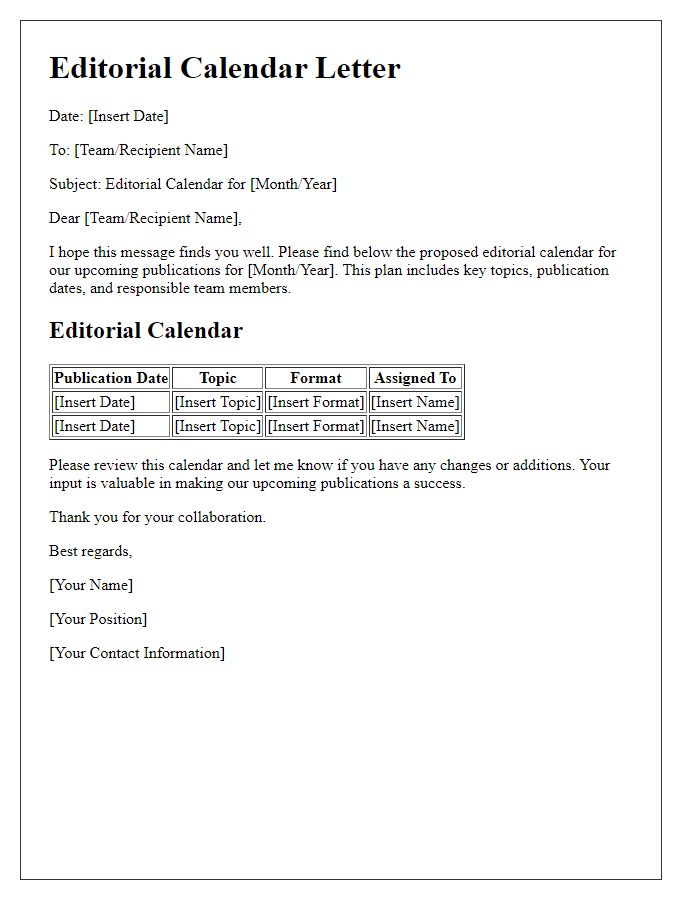 Letter template of editorial calendar template for publishing.