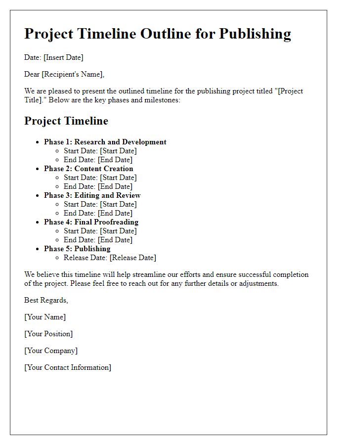 Letter template of project timeline outline for publishing.