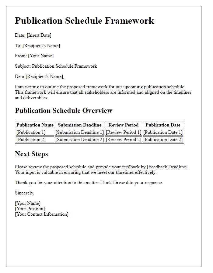 Letter template of publication schedule framework.