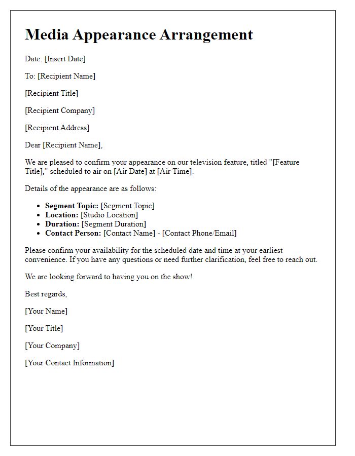 Letter template of media appearance arrangement for television feature