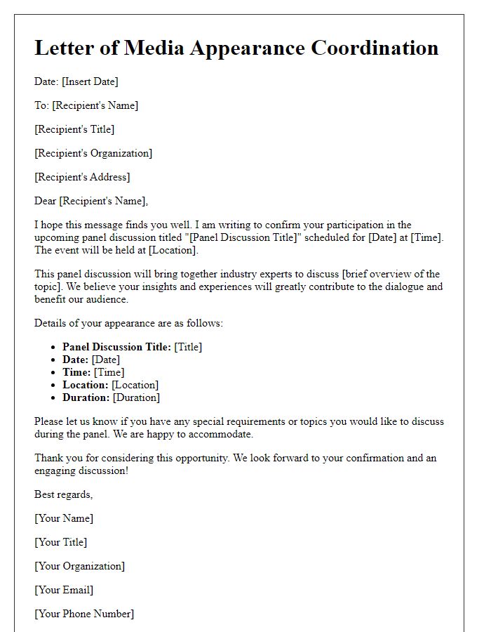 Letter template of media appearance coordination for panel discussion