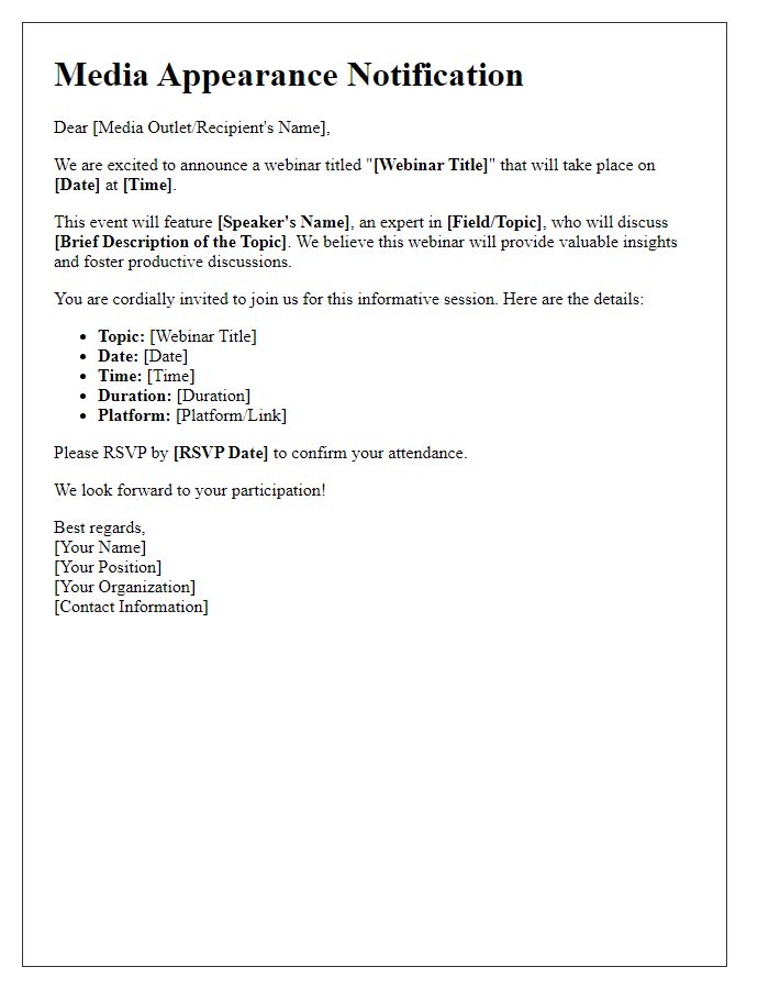 Letter template of media appearance notification for webinar invitation