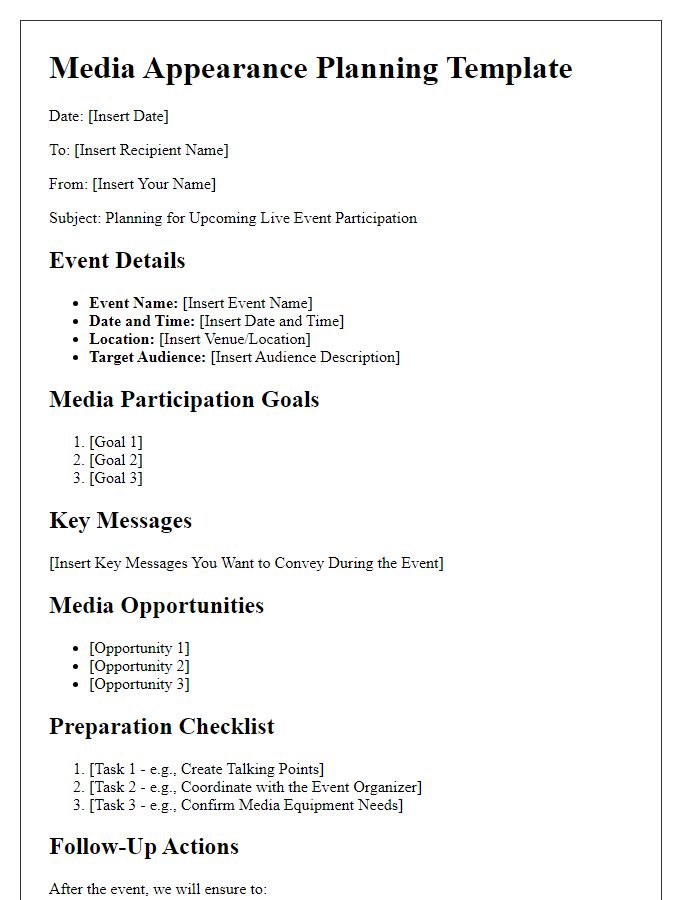 Letter template of media appearance planning for live event participation