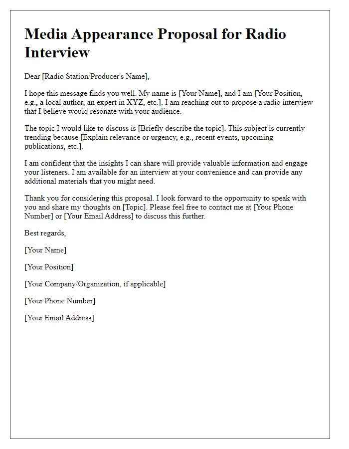 Letter template of media appearance proposal for radio interview