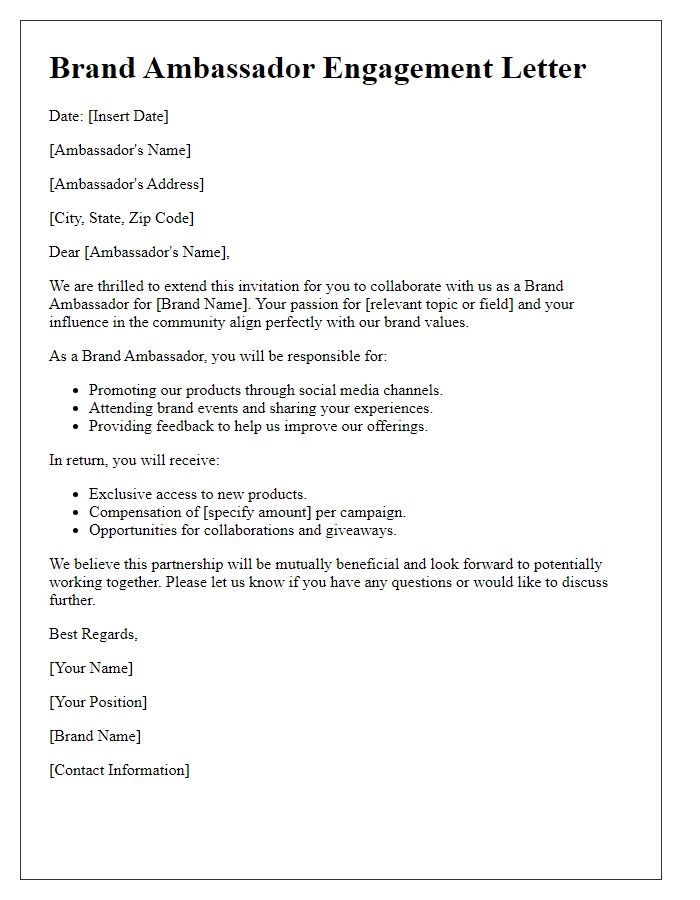 Letter template of brand ambassador engagement