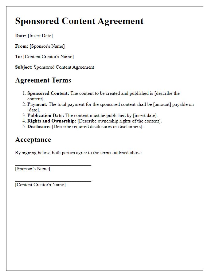 Letter template of sponsored content agreement