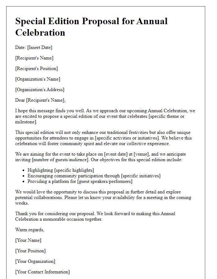 Letter template of a special edition proposal for an annual celebration.