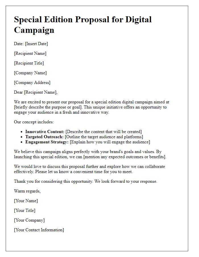 Letter template of a special edition proposal for a digital campaign.