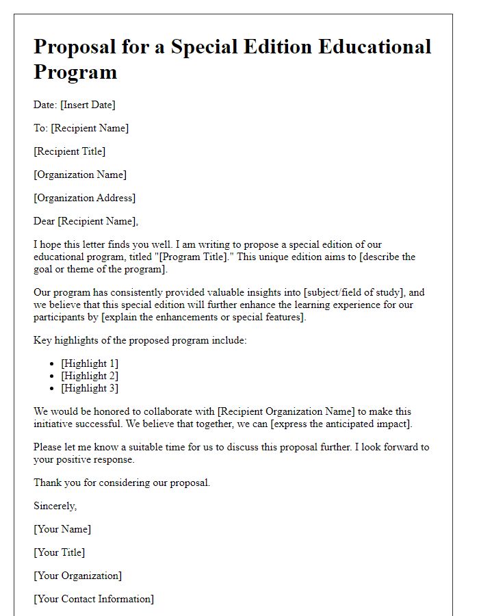 Letter template of a special edition proposal for an educational program.