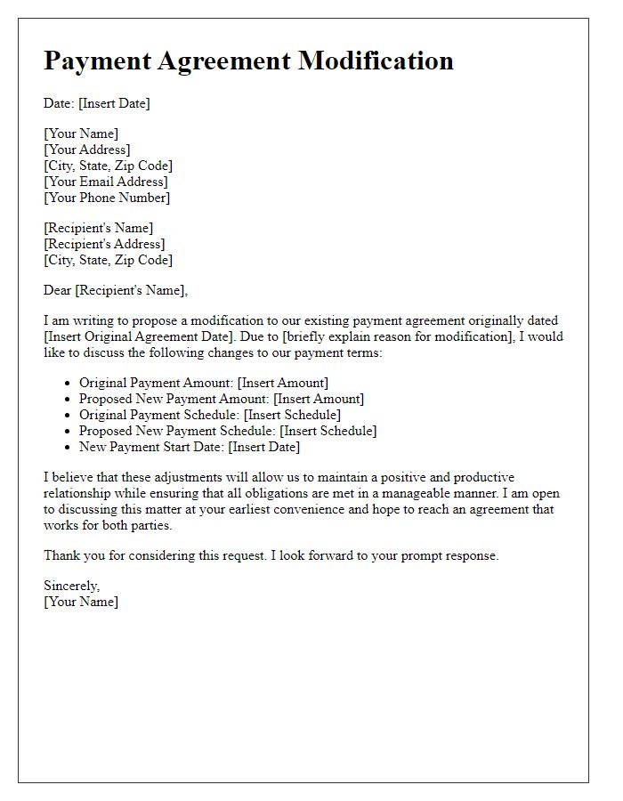 Letter template of payment agreement modification