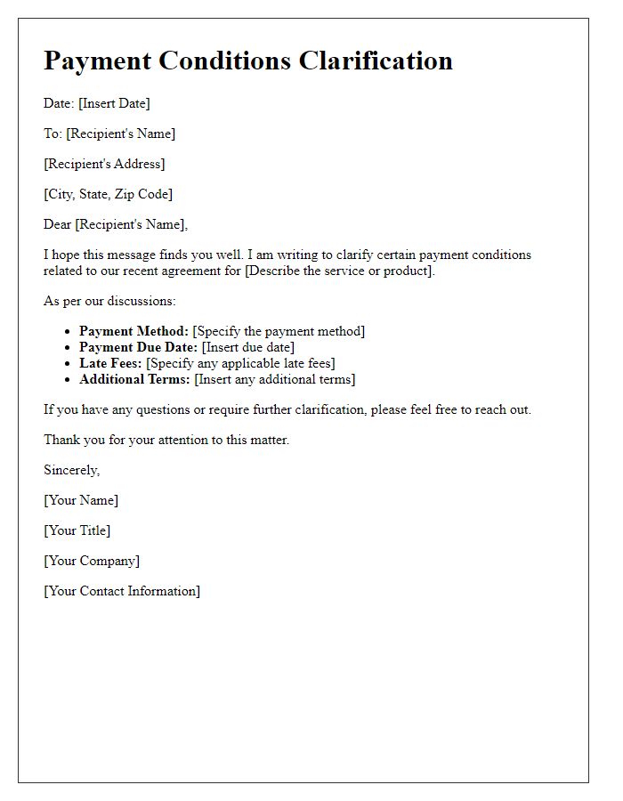 Letter template of payment conditions clarification