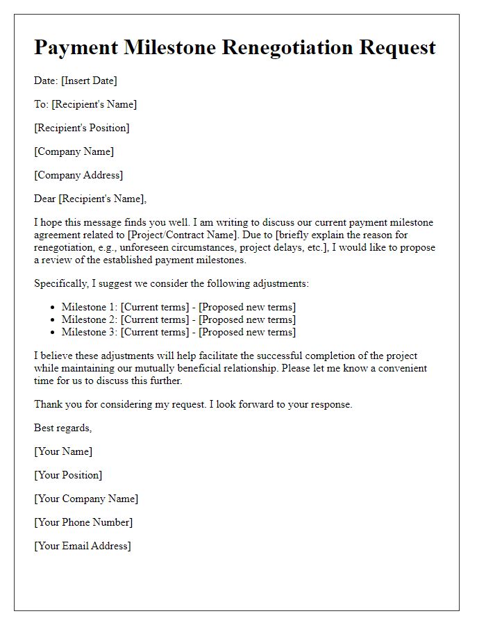 Letter template of payment milestone renegotiation