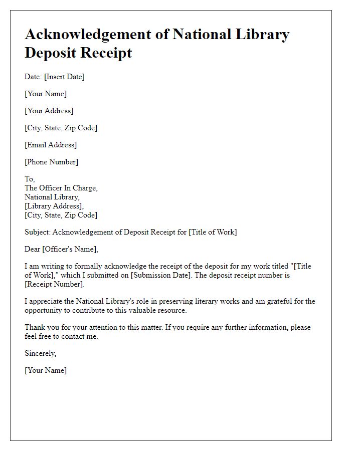 Letter template of acknowledgement for national library deposit receipt