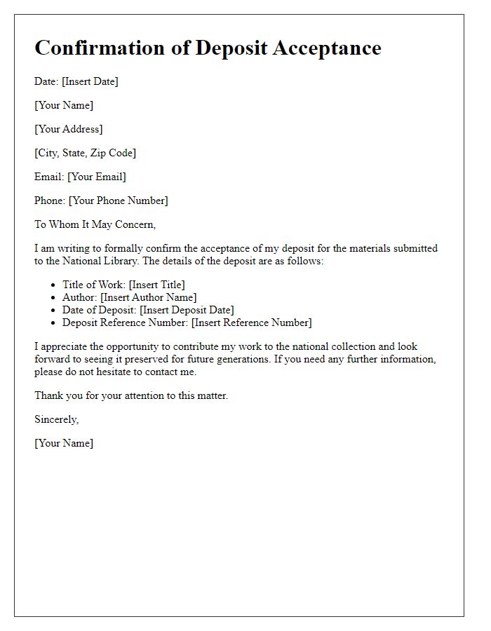 Letter template of confirmation for national library deposit acceptance