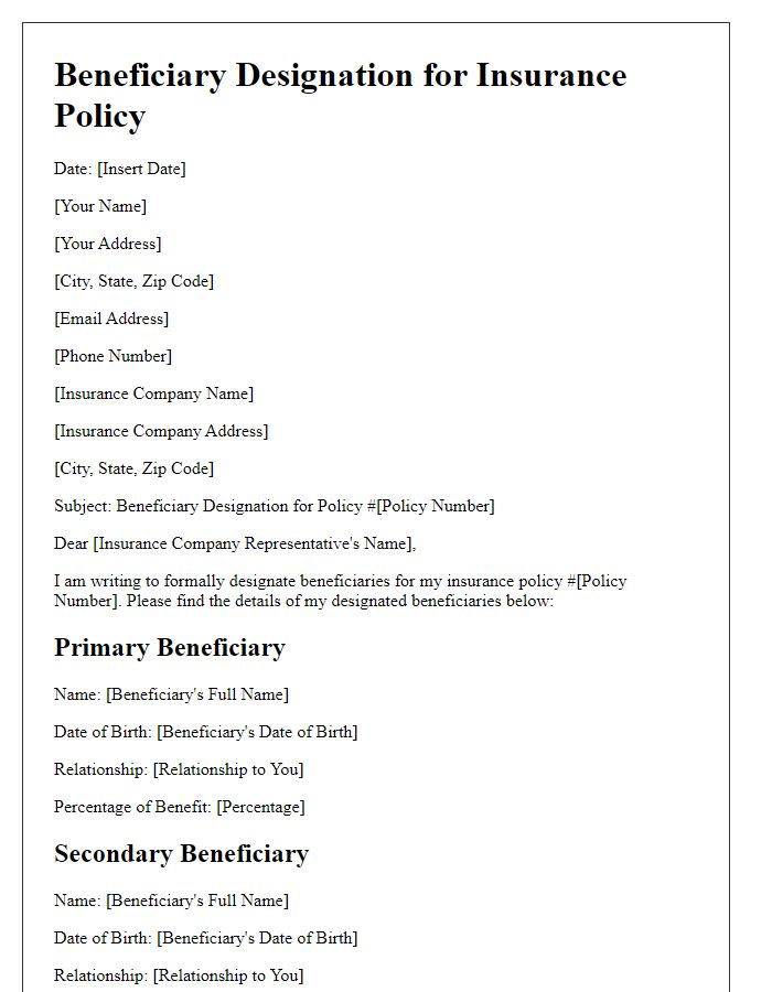 Letter template of account insurance policy beneficiary designation