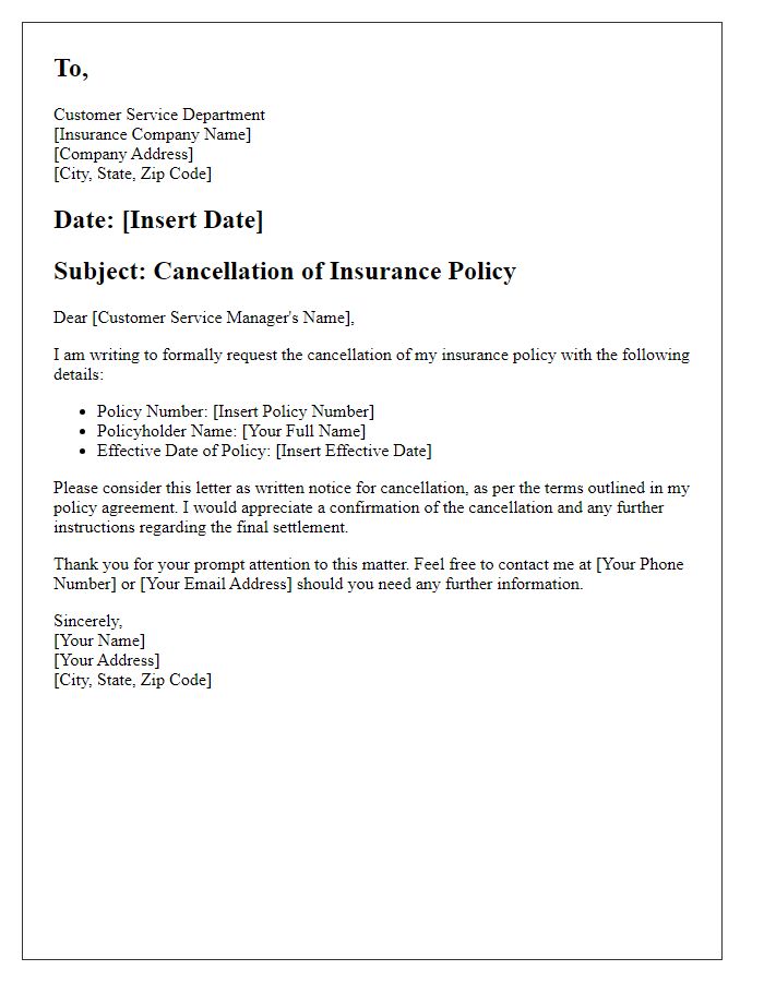 Letter template of account insurance policy cancellation request