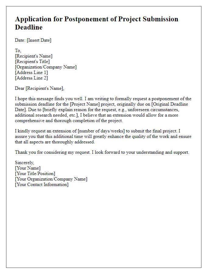 Letter template of application for postponing project submission deadline.