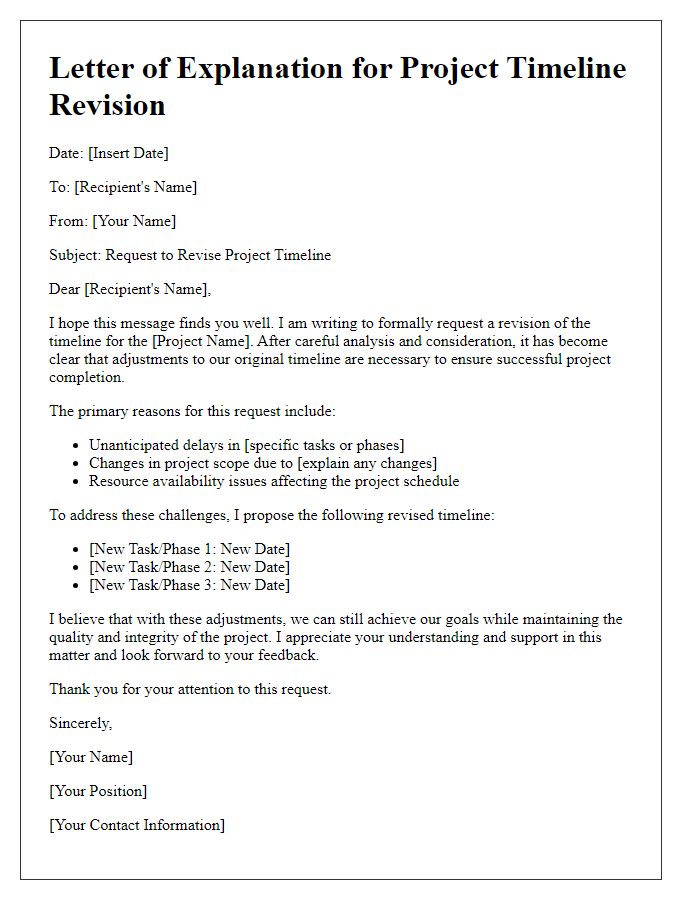 Letter template of explanation for the need to revise project timeline.