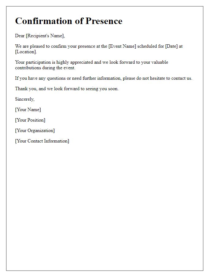 Letter template of confirmation of presence at the event