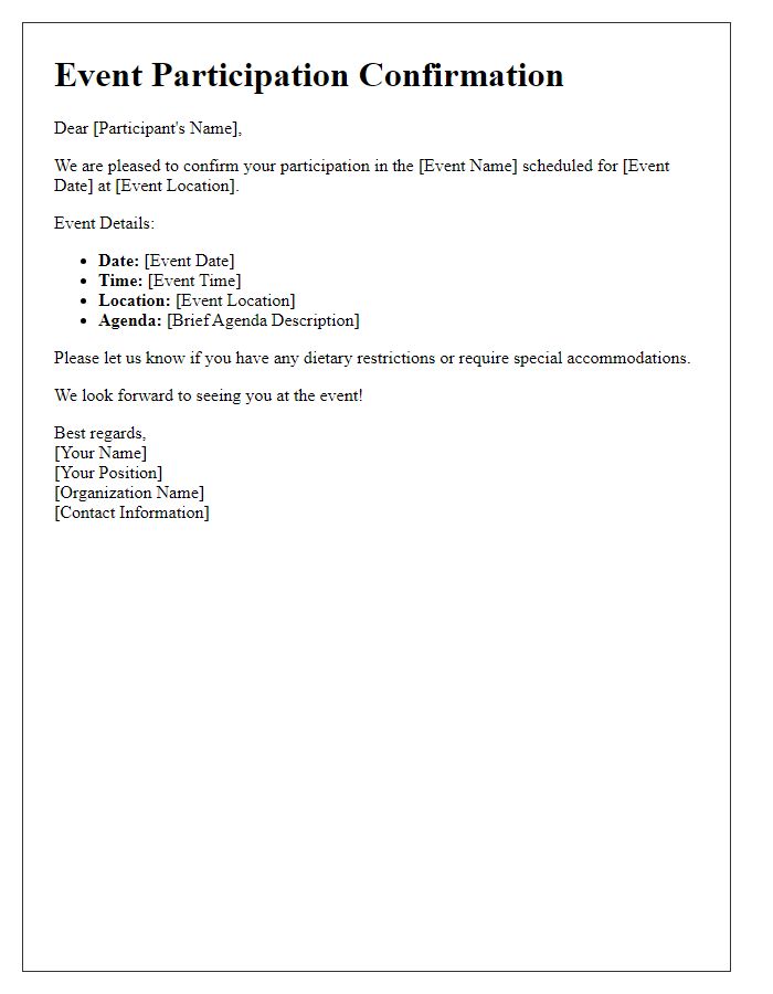 Letter template of event participation confirmation