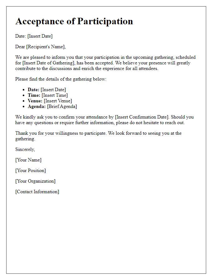 Letter template of participation acceptance for the gathering