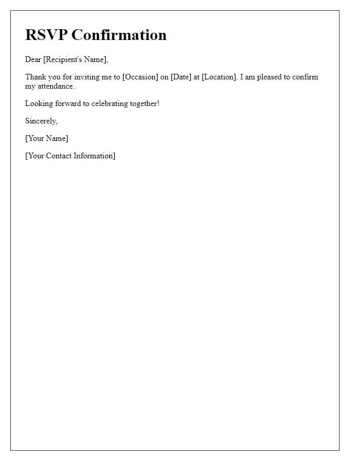 Letter template of RSVP confirmation for the occasion