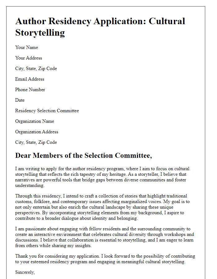 Letter template of author residency application addressing cultural storytelling.