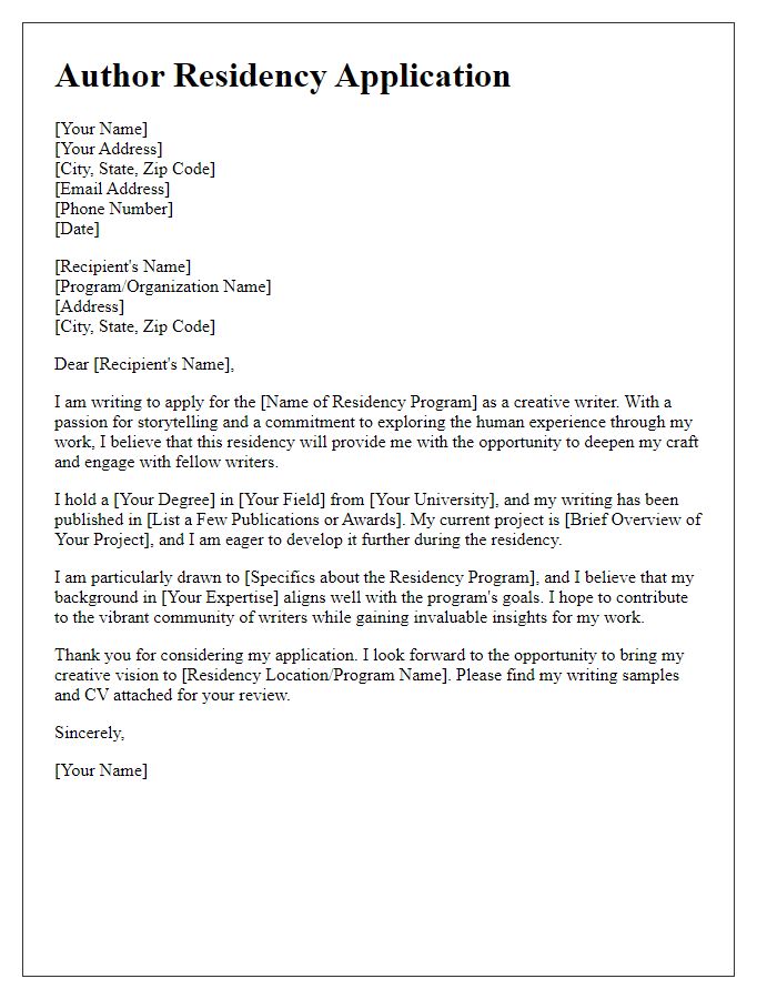 Letter template of author residency application for creative writing.